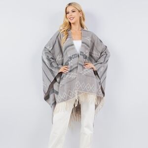 Light Gray Aztec Fringe Poncho Sweater